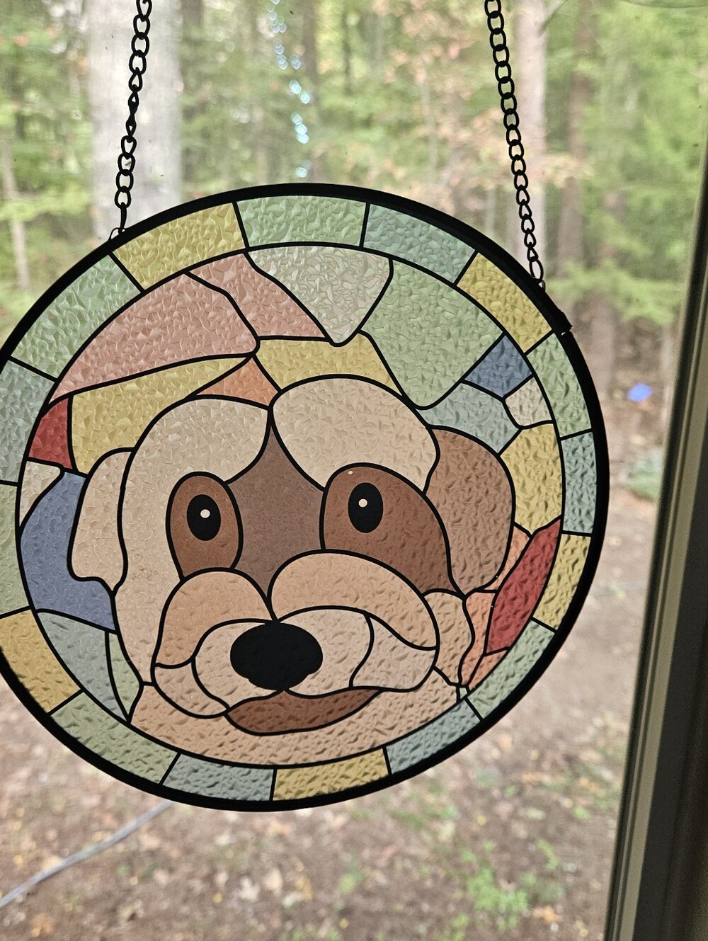 Dog Face Stained Glass Suncatcher - Cream & Brown- Multicolor 8"X8"